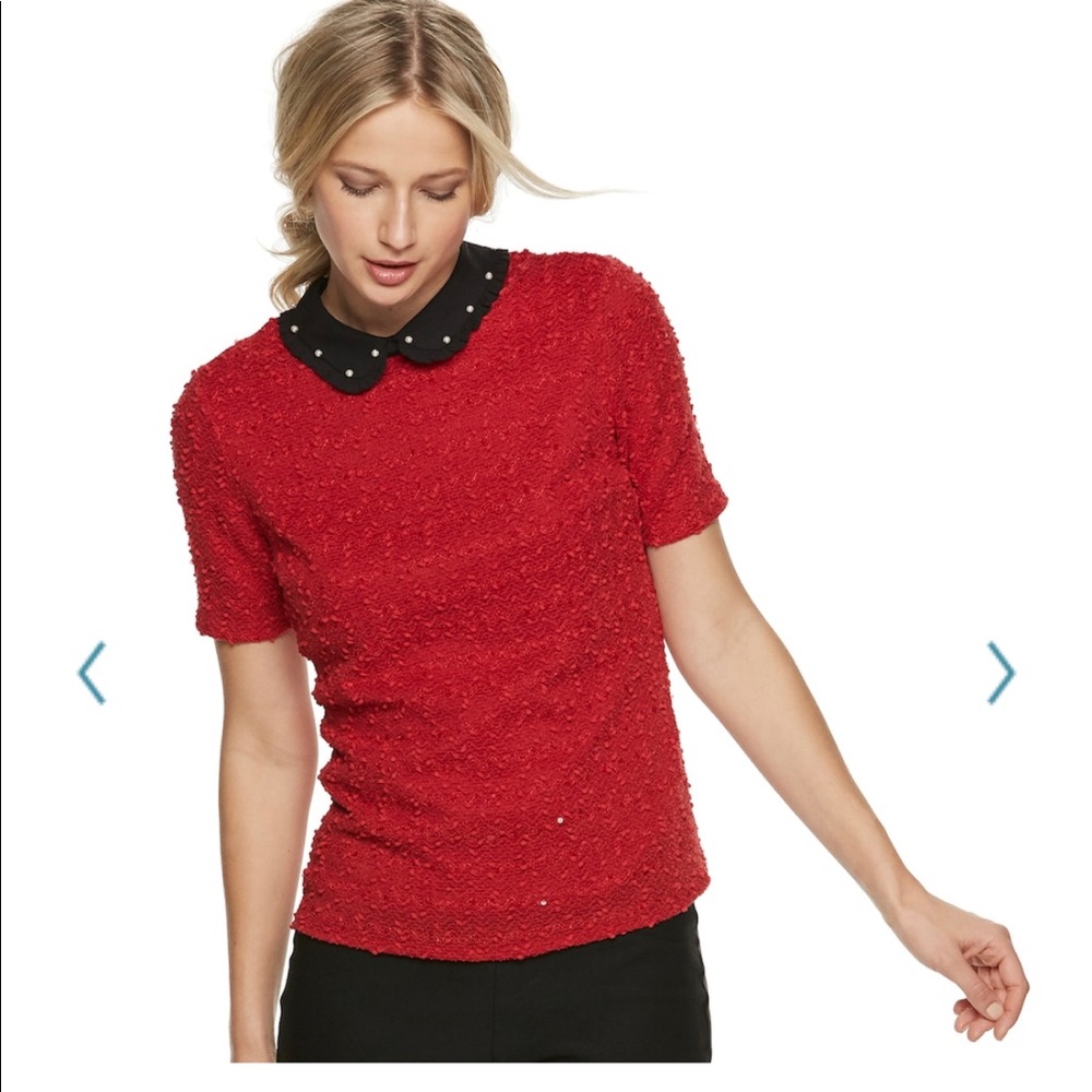 <Elle> Pearl Peter Pan Collared Red Shirt